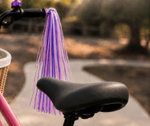 A child's pink bicycle with an empty seat and streamers, a curving park path behind it in warm light.