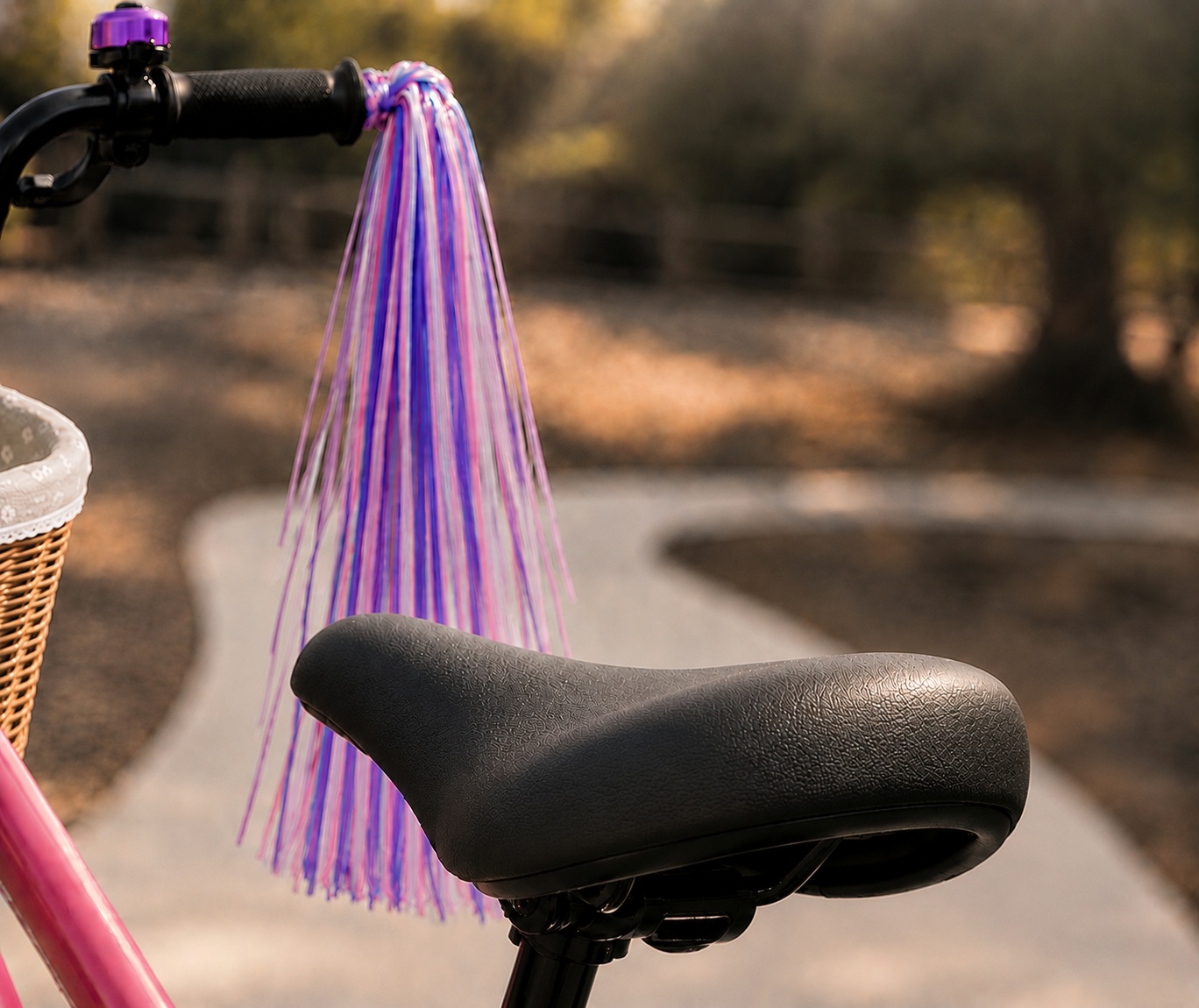 A child's pink bicycle with an empty seat and streamers, a curving park path behind it in warm light.
