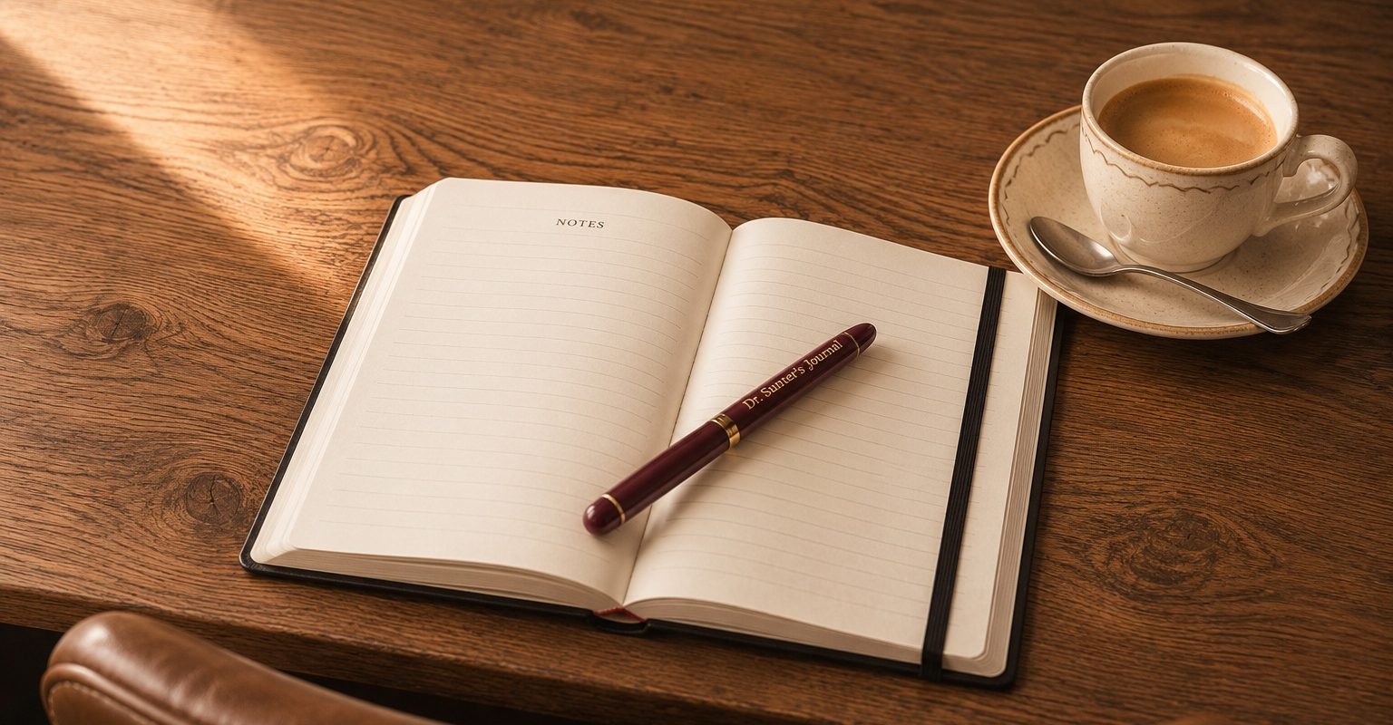 An open notebook and pen beside a cup of coffee on a wooden desk