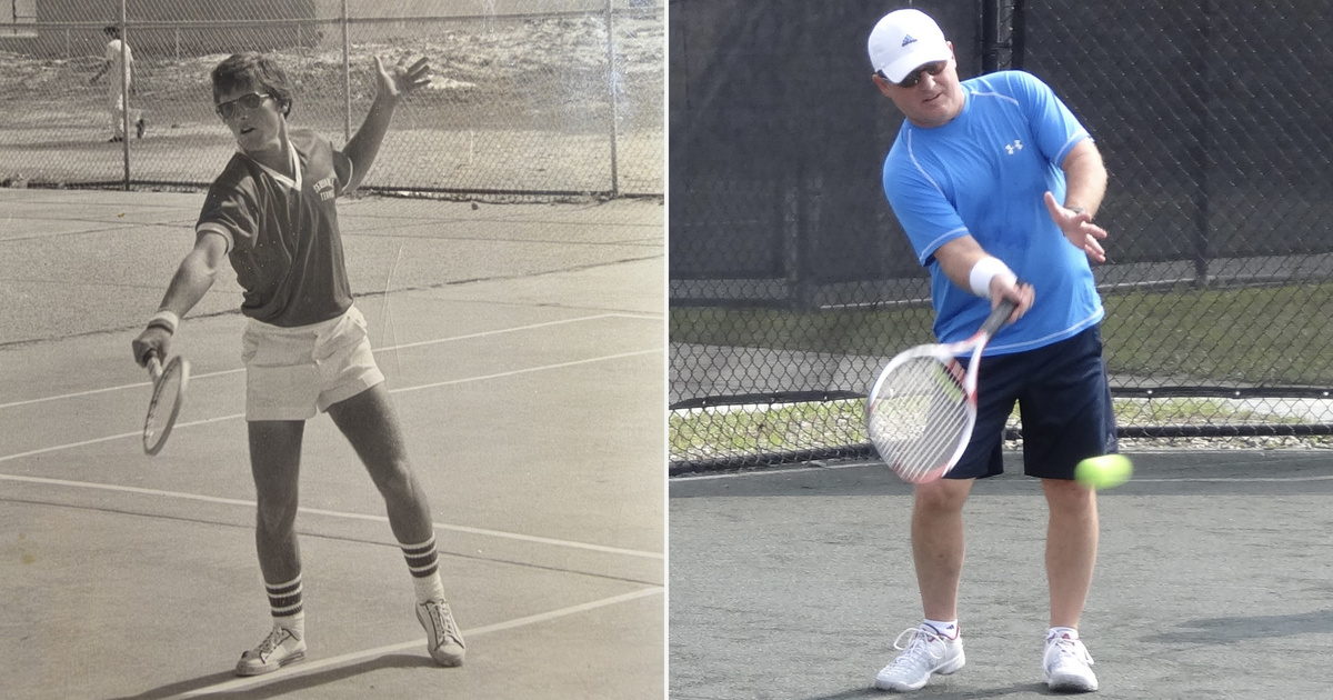 Two photographs of Bill Sunter playing tennis, one as a teenager in black and white and the other decades later in color, illustrating a lifelong love of the game.